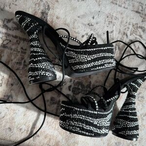 Black and silver rhinestone platform heels with ankle lace-up detail by Ego